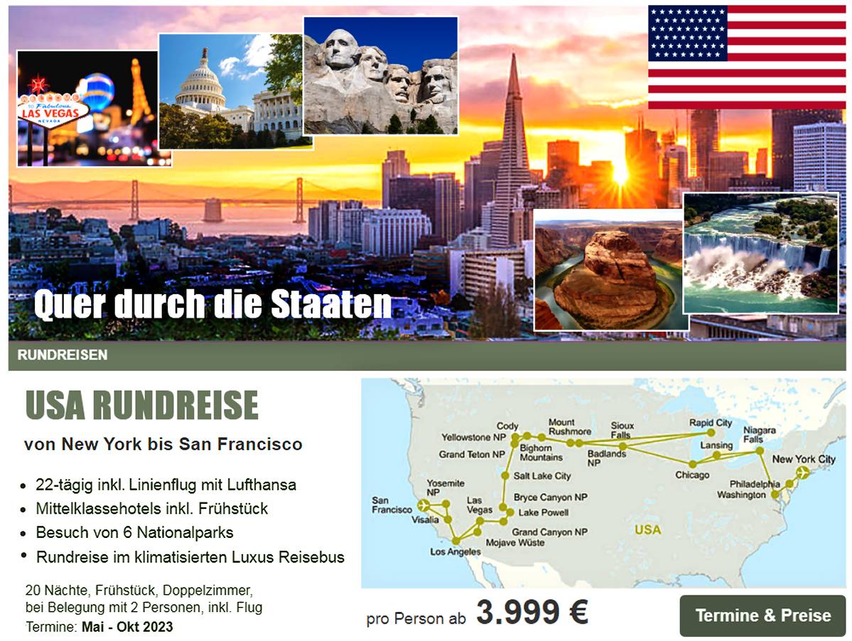 USA LUXUS Busrundreise pro Person ab 3.990 .- Von New York bis San Francisco. 22-tgig inkl. Flug; Mittelklassehotels inkl. Frhstck;