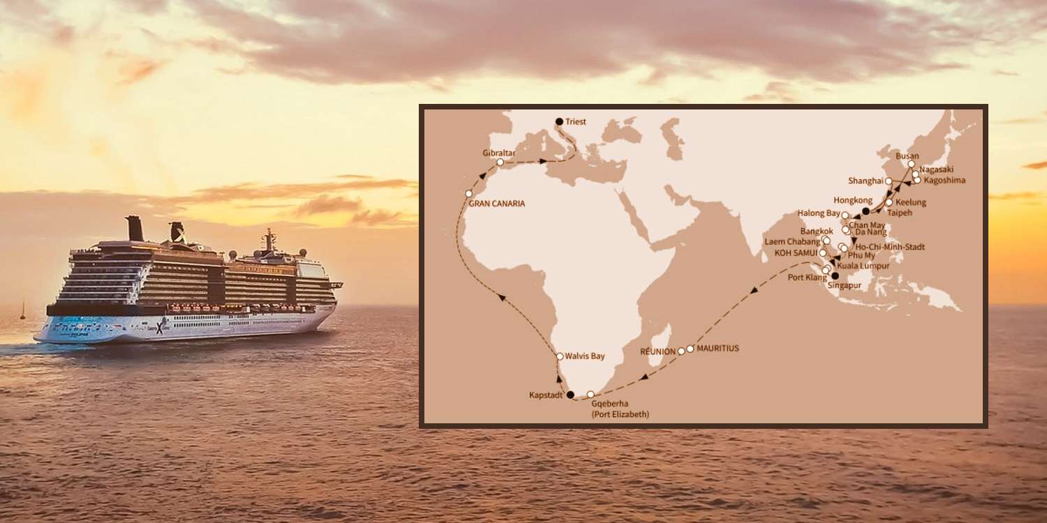 Reisekarte zur Marco Polo Weltentdecker Schiffsreise von China nach Italien